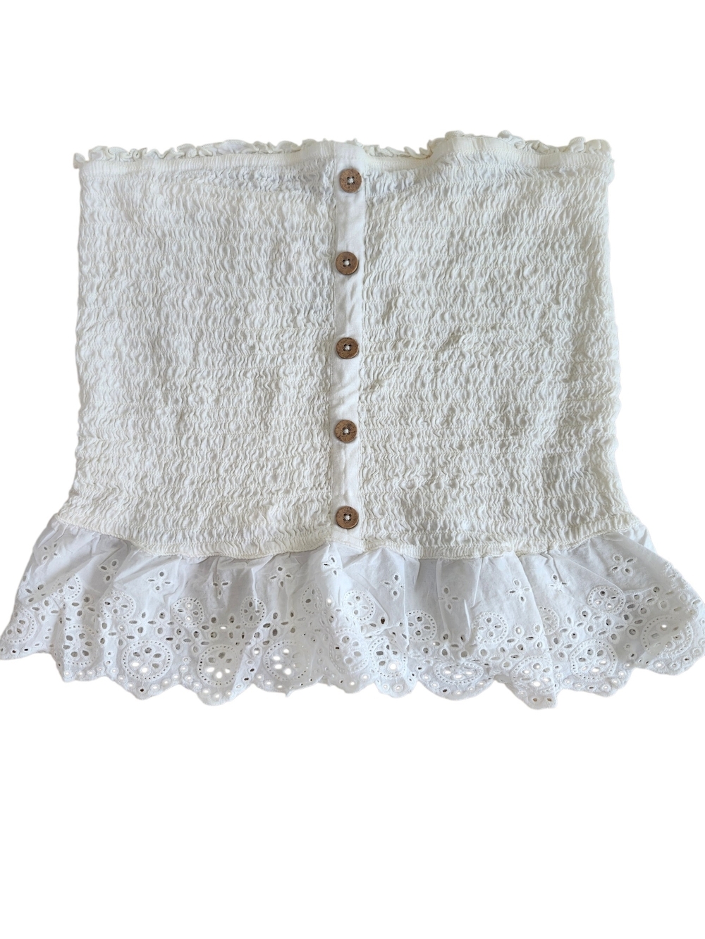 SO Strapless White Smocked Eyelet Ruffle Button Front Shirt XL
